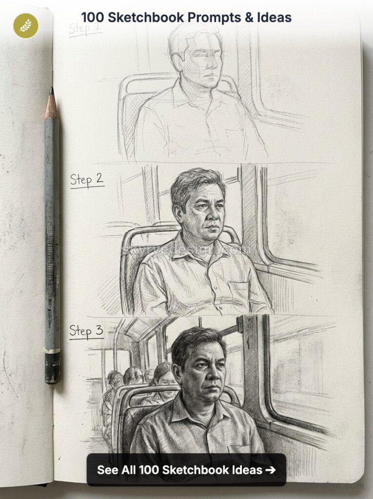 Step-by-step sketchbook pencil progression showing a commuter's portrait on a bus in three stages, pencil beside notebook.