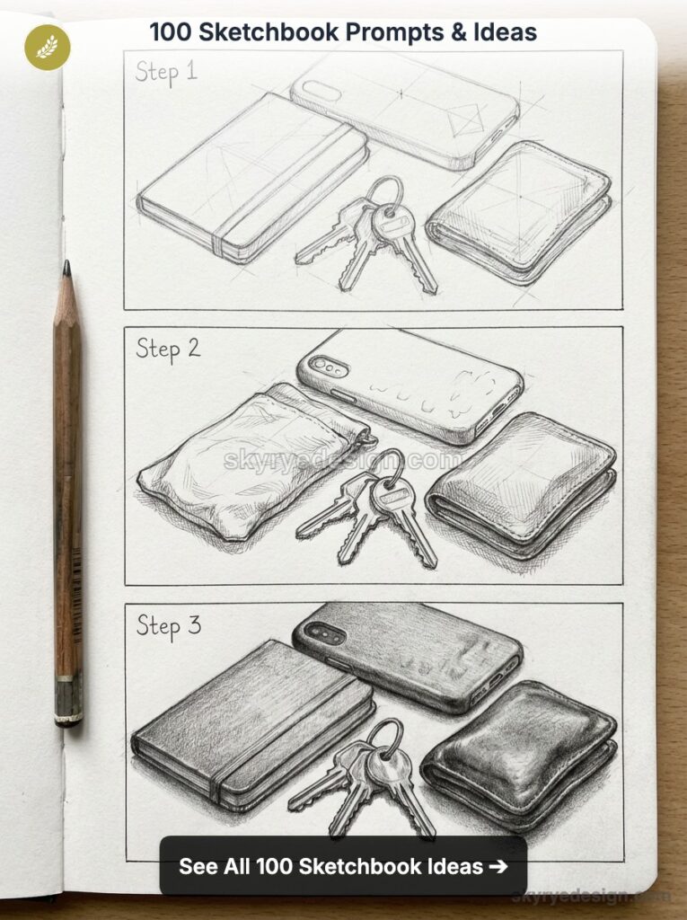 Sketchbook prompts: step-by-step pencil drawings of everyday objects (notebook, phone, keys, wallet) in a sketchbook layout.