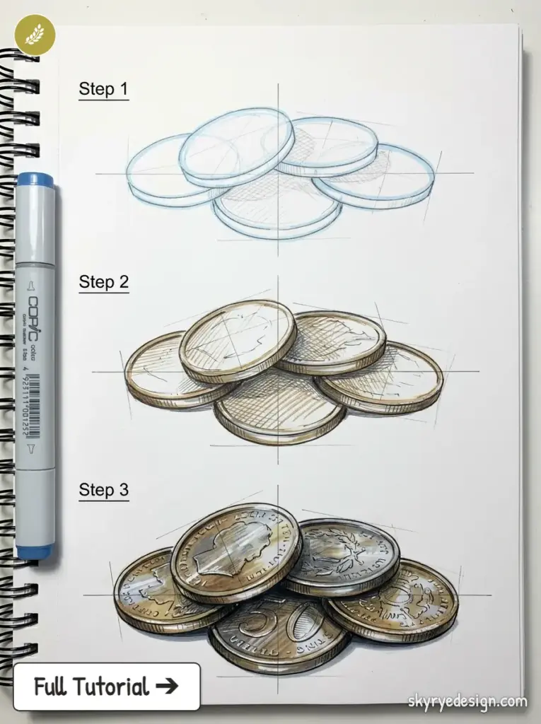 How to draw coins: step-by-step coin drawing tutorial in sketchbook showing layered coin sketches with Copic marker