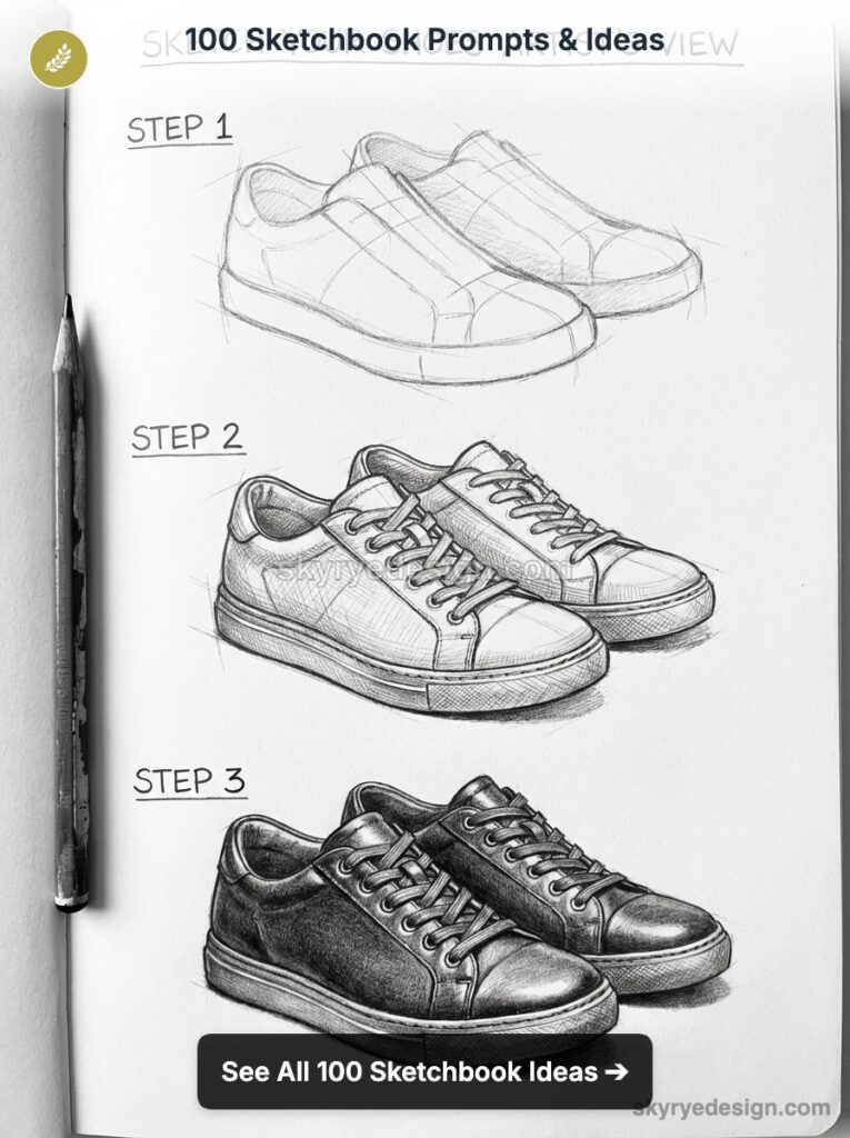 Three-step pencil sketch tutorial of sneakers in a sketchbook: rough outlines, detailed linework, and shaded finished pair