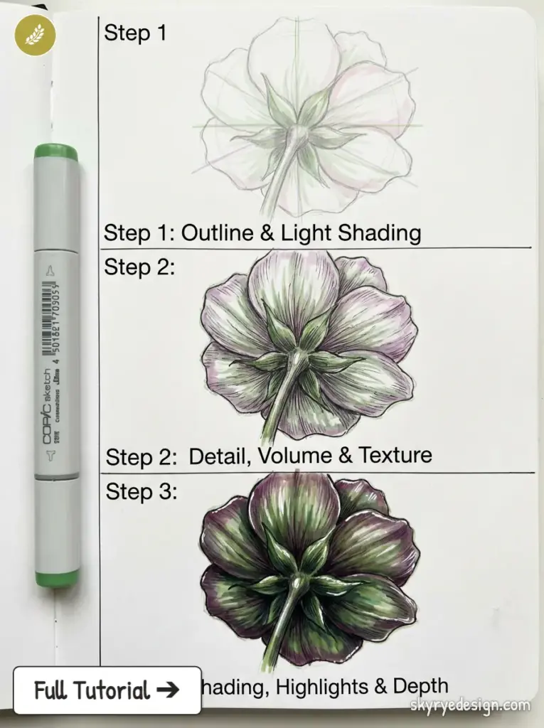 Flower drawing tutorial: step-by-step progression from outline to detailed colored botanical sketch with marker.
