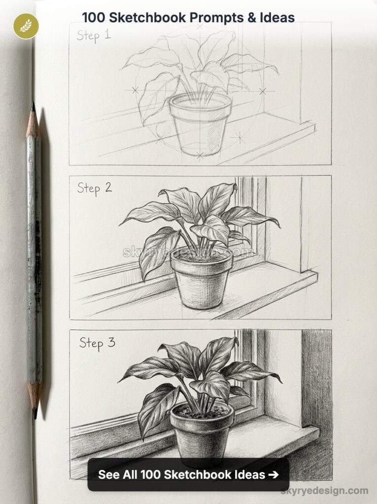Sketchbook tutorial: three-step pencil sketches of a potted plant on a windowsill, pencil at left.