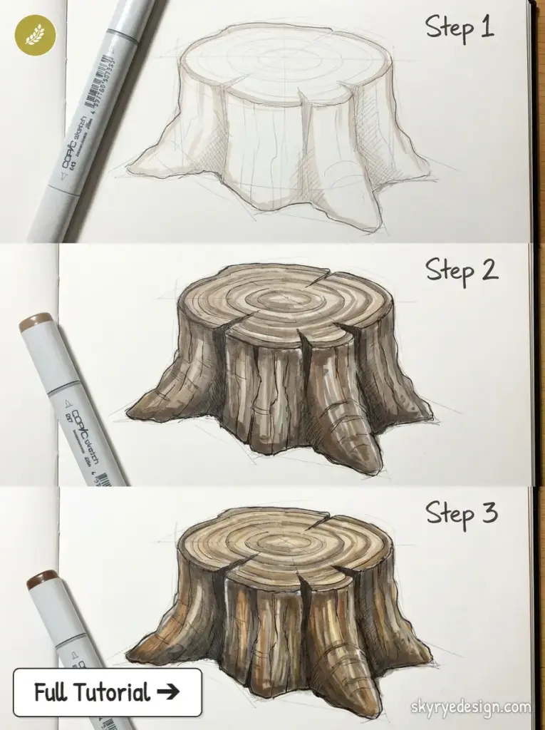 Step-by-step drawing tutorial: three-stage realistic tree stump sketch with markers showing shading and wood rings