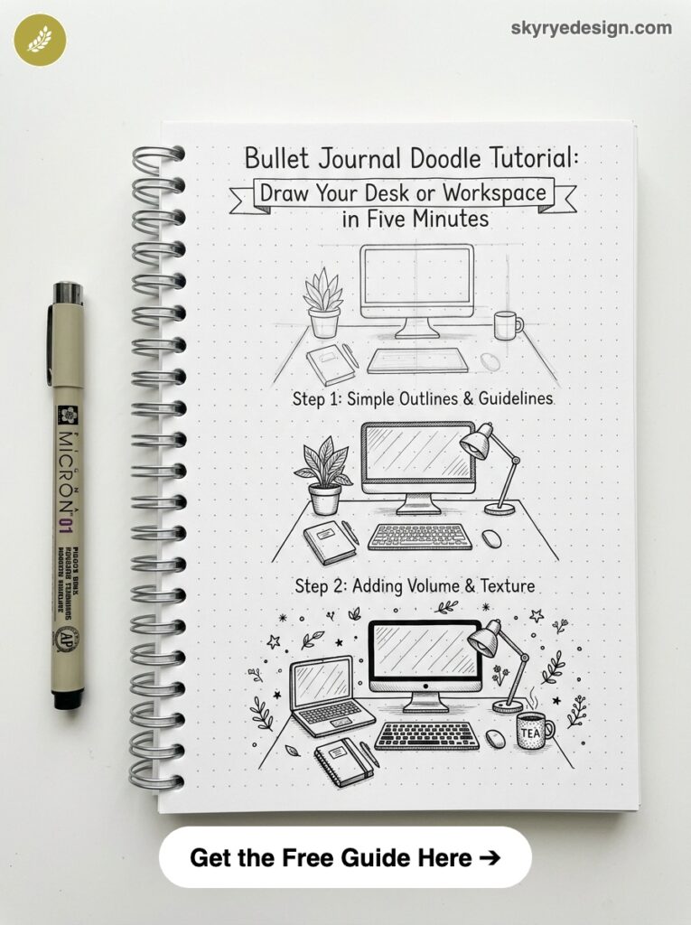 Bullet journal doodle tutorial: step-by-step desk and workspace sketches in five minutes on dotted notebook page with pen