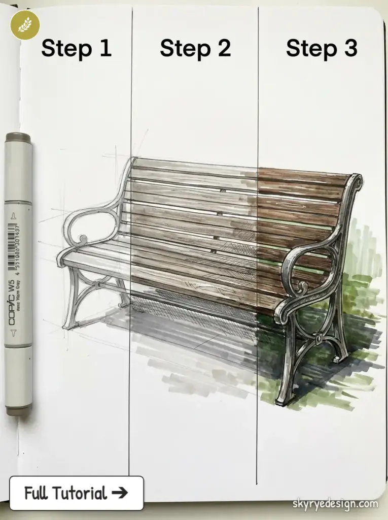 Bench sketch tutorial: three-step sketchbook progression from pencil to Copic marker color rendering
