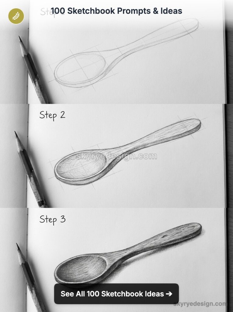 Sketchbook tutorial: step-by-step pencil sketch of a wooden spoon from outline to final shaded drawing
