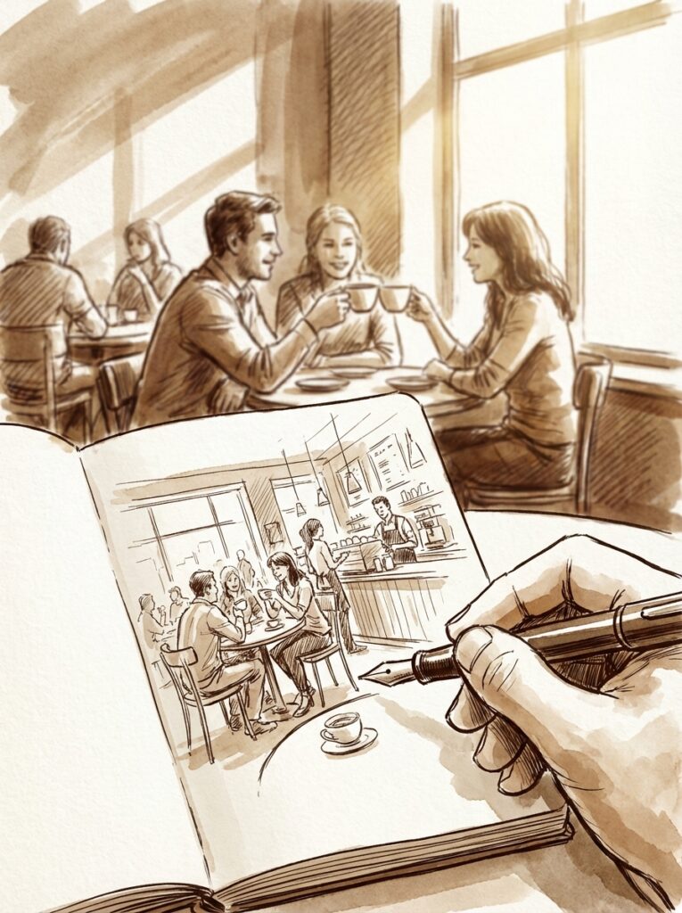 Hand with fountain pen sketching a cozy cafe scene in a sketchbook: patrons clinking coffee cups, barista.