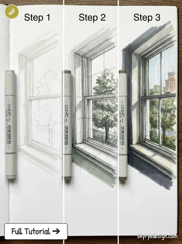 Three-step window sketch tutorial with Copic markers showing outline, shading, and full-color rendering.
