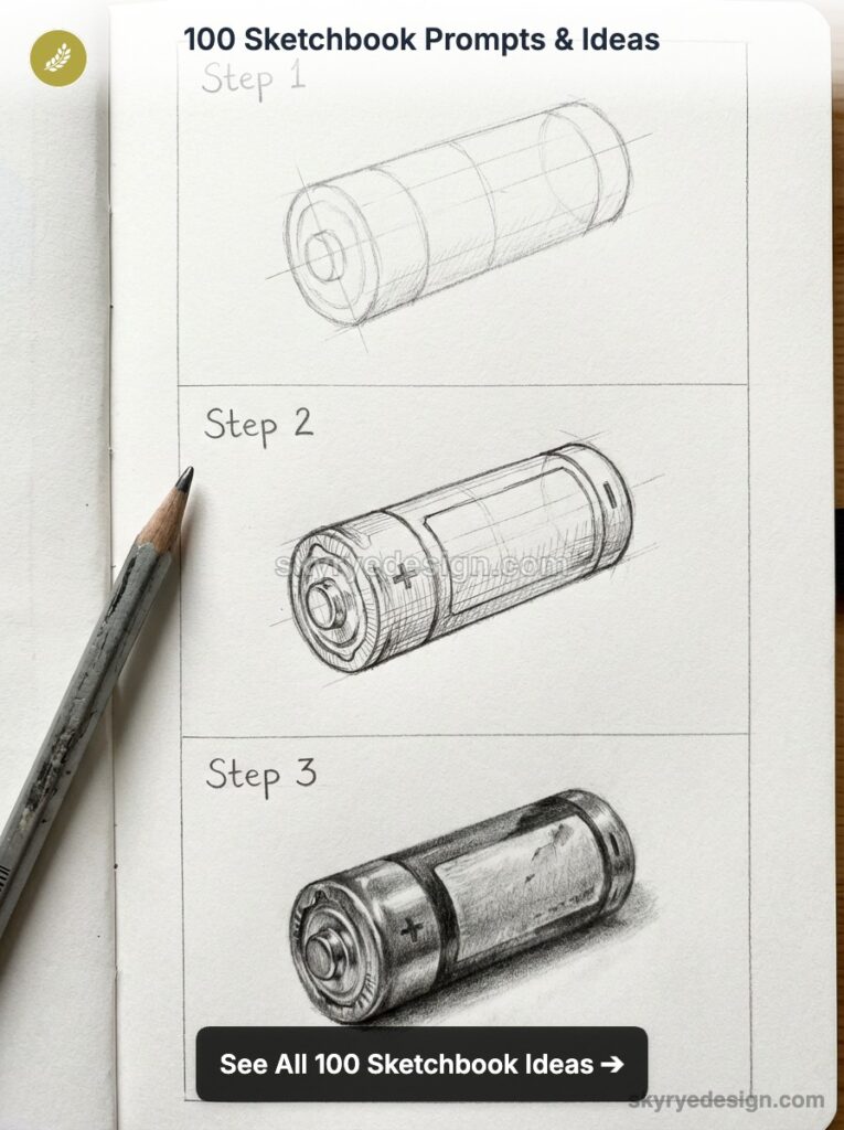 Sketchbook step-by-step pencil tutorial showing an AA battery drawn in three stages from construction lines to shaded realism