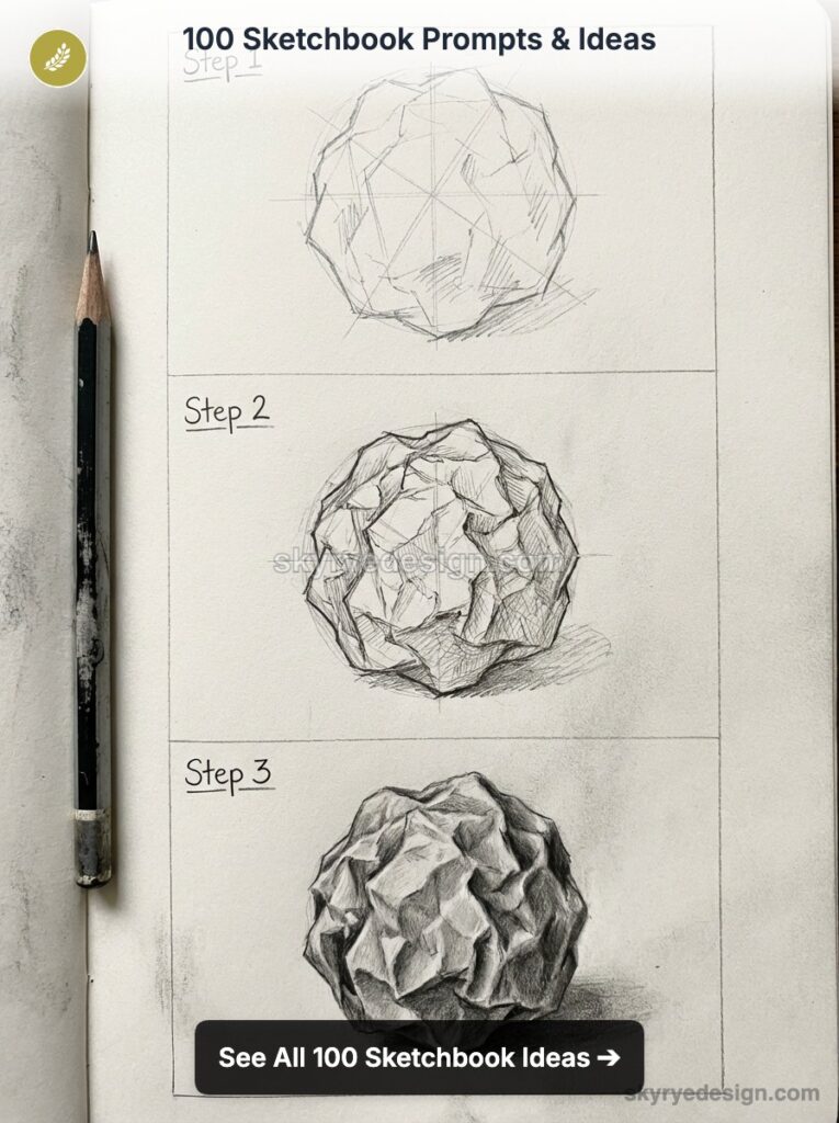 Sketchbook pencil tutorial: three-step crumpled paper ball drawing with shading, pencil at left