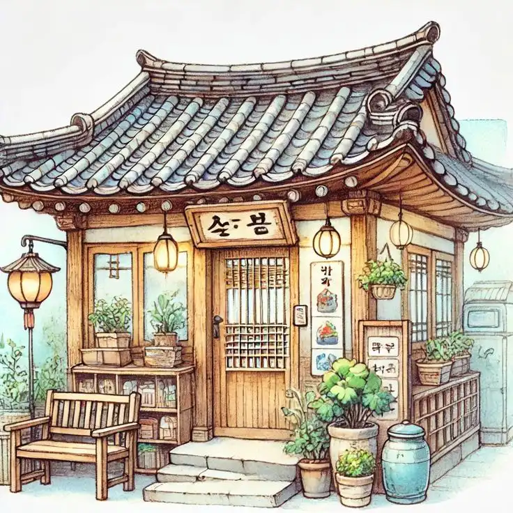 Traditional Korean house illustration with wooden structure, curved tiled roof, potted plants, and hanging lanterns. Cozy and inviting scene.