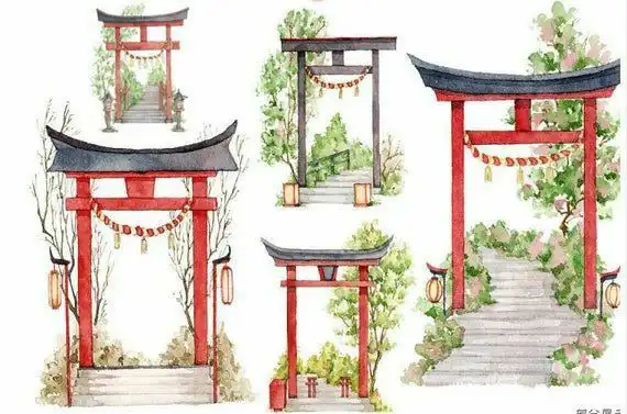 Watercolor illustrations of traditional Japanese Torii gates surrounded by greenery, showcasing various designs and perspectives.