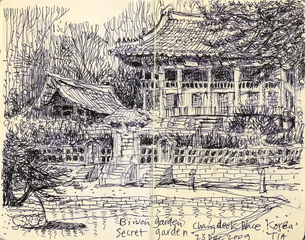 Hand-drawn sketch of Changdeokgung Palace's Secret Garden, Korea, capturing intricate architecture and surrounding nature.