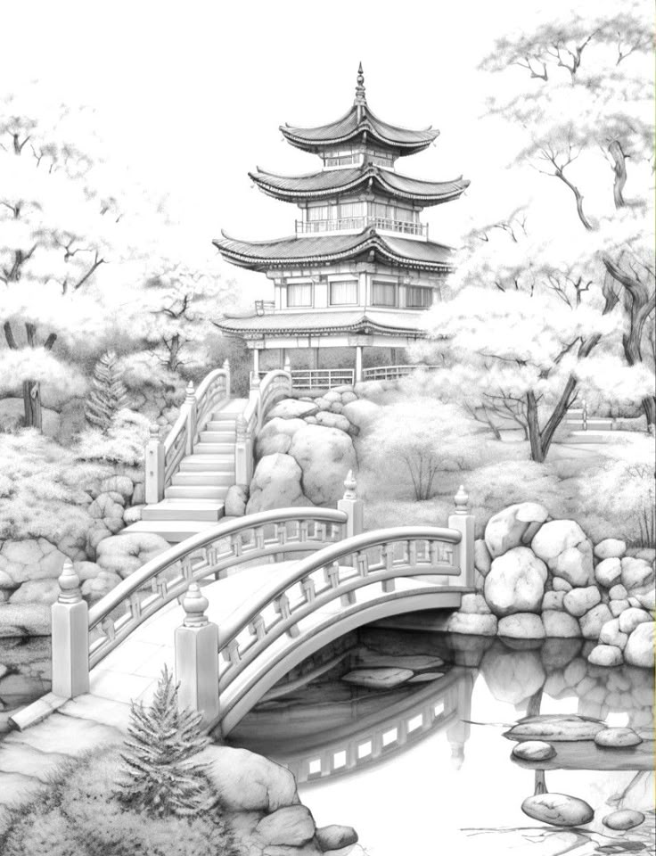 _ 43 Illustrated Japanese pagoda with arched bridge and serene garden setting, capturing traditional architecture and tranquil landscape design. | Sky Rye Design Illustrated Japanese pagoda with arched bridge and serene garden setting, capturing traditional architecture and tranquil landscape design.