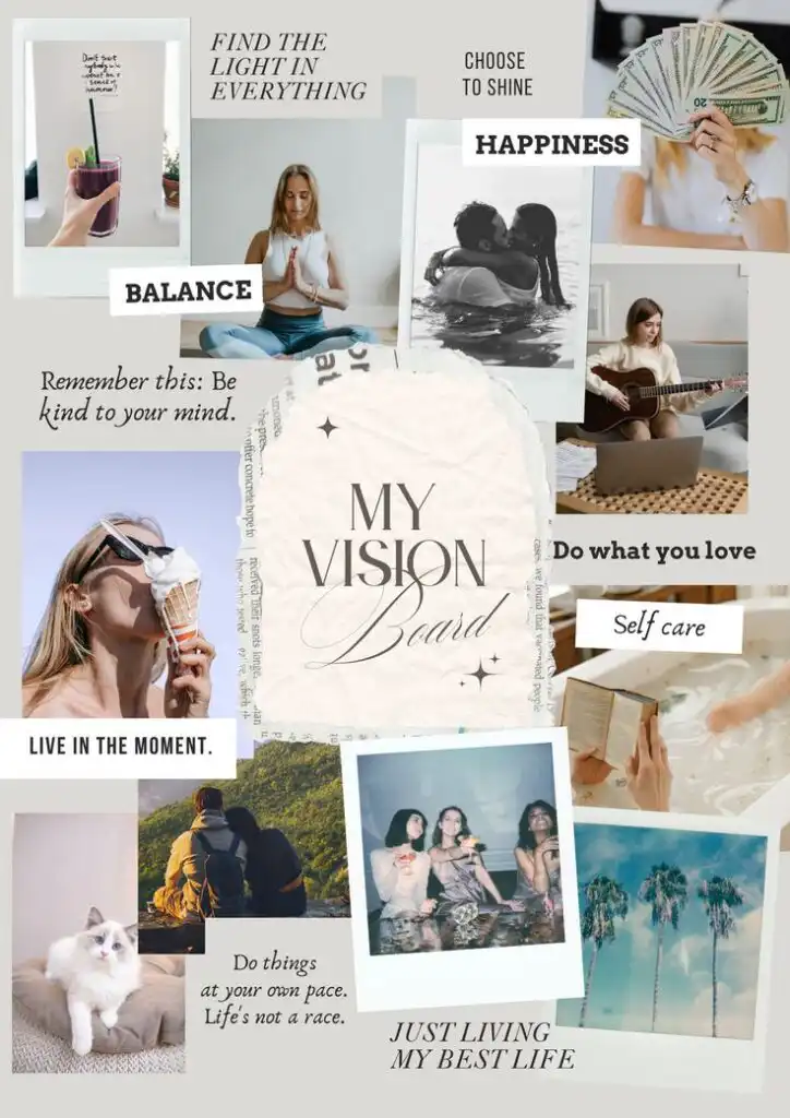 _ 44 Inspirational vision board collage featuring quotes on happiness, balance, self-care, and personal growth, with photos of serene moments. | Sky Rye Design Inspirational vision board collage featuring quotes on happiness, balance, self-care, and personal growth, with photos of serene moments.