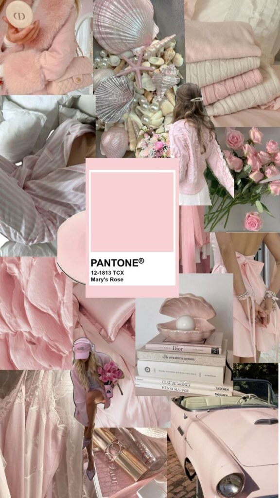 _ 45 Collage featuring Pantone Mary's Rose 12-1813 TCX with pink roses, clothing, and decor creating a soft, romantic aesthetic. | Sky Rye Design Collage featuring Pantone Mary's Rose 12-1813 TCX with pink roses, clothing, and decor creating a soft, romantic aesthetic.