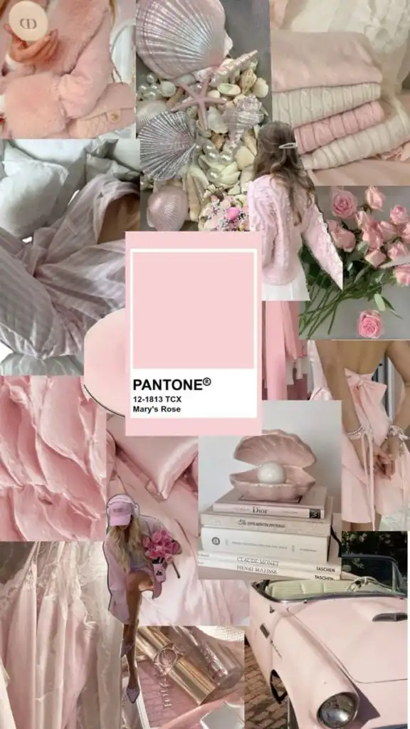 Collage featuring Pantone Mary's Rose 12-1813 TCX with pink roses, clothing, and decor creating a soft, romantic aesthetic.