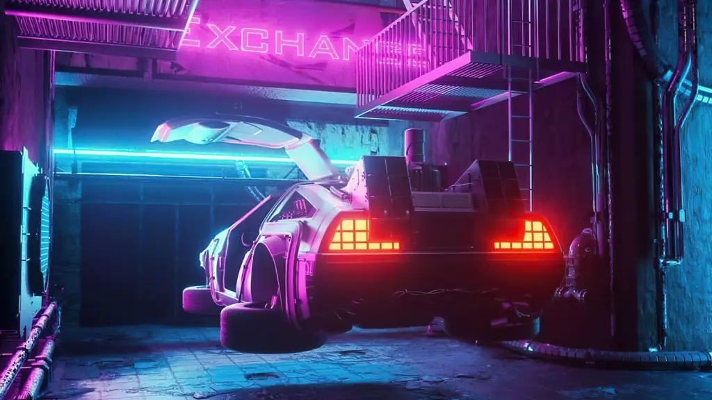 Futuristic car with neon lights in a cyberpunk-themed alley under an Exchange sign, featuring vibrant pink and blue hues.