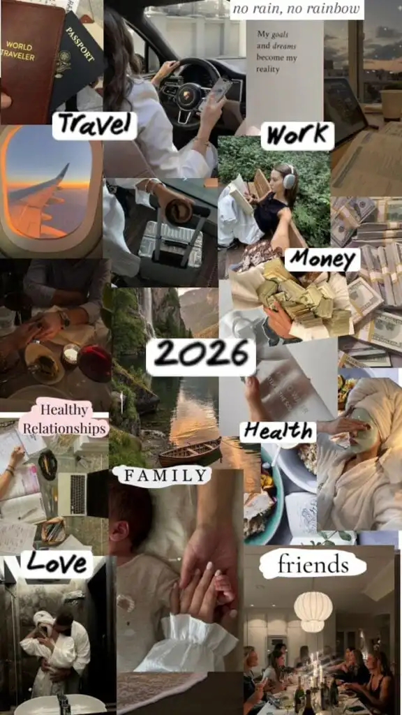 _ 46 Vision board for 2026 with themes: travel, work, money, health, family, love, friends, and healthy relationships. Dream life goals. | Sky Rye Design Vision board for 2026 with themes: travel, work, money, health, family, love, friends, and healthy relationships. Dream life goals.