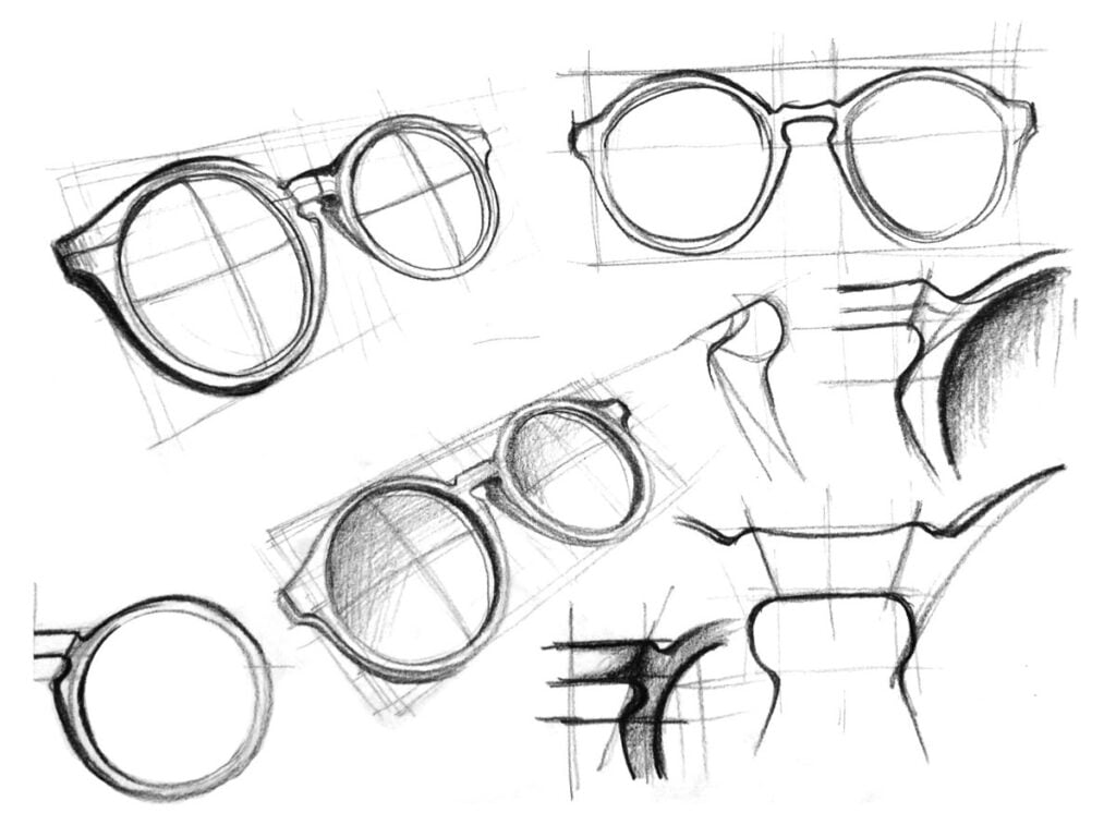 Sketched designs of round eyeglasses and frames showcasing detailed structure and style variations for eyewear design inspiration.