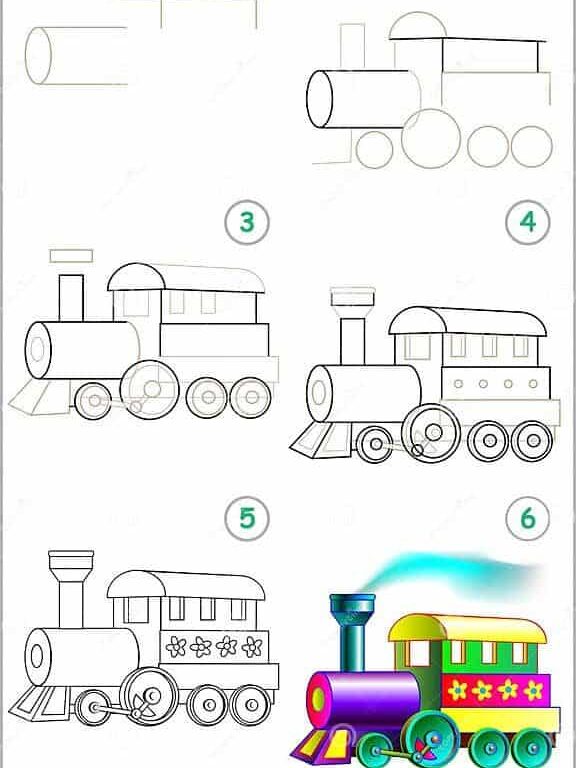 46d374a463cc1853206b55bbec7b554d Step-by-step guide to drawing a colorful train, from outline to final vibrant illustration, showcasing detailed design and coloring techniques. | Sky Rye Design Step-by-step guide to drawing a colorful train, from outline to final vibrant illustration, showcasing detailed design and coloring techniques.