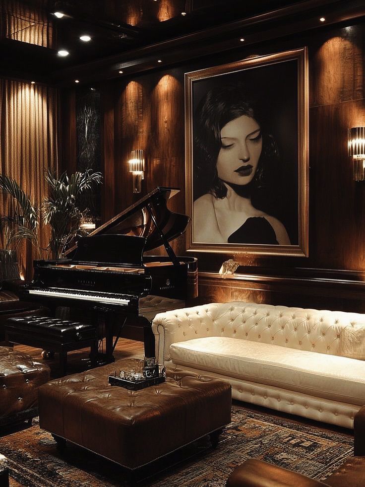 46f02e91-1066-455c-a4fd-f13bd61adaea Luxurious music room with grand piano, white tufted sofa, elegant wood paneling, and a large vintage portrait. Cozy, sophisticated ambiance. | Sky Rye Design Luxurious music room with grand piano, white tufted sofa, elegant wood paneling, and a large vintage portrait. Cozy, sophisticated ambiance.