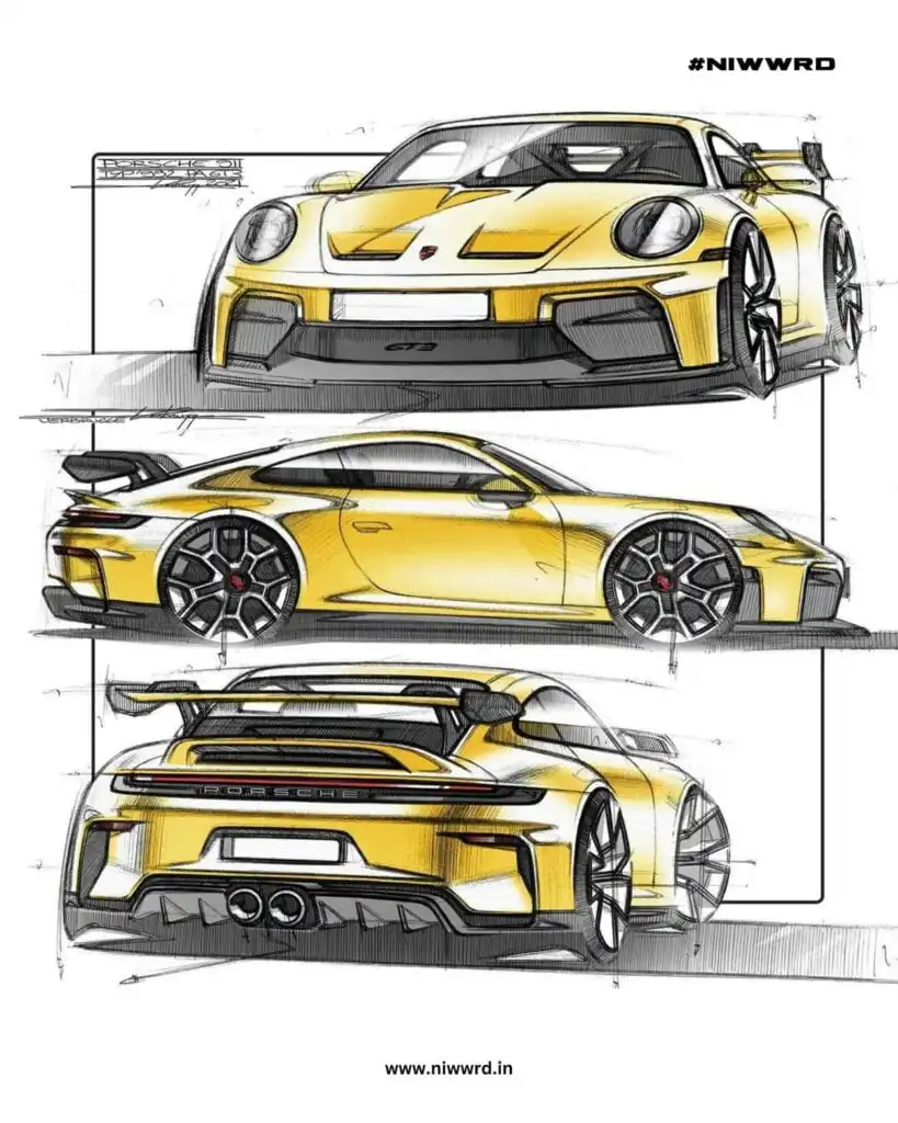 Sleek yellow sports car sketch, showcasing front, side, and rear views with aerodynamic design and bold features. #NIWWRD