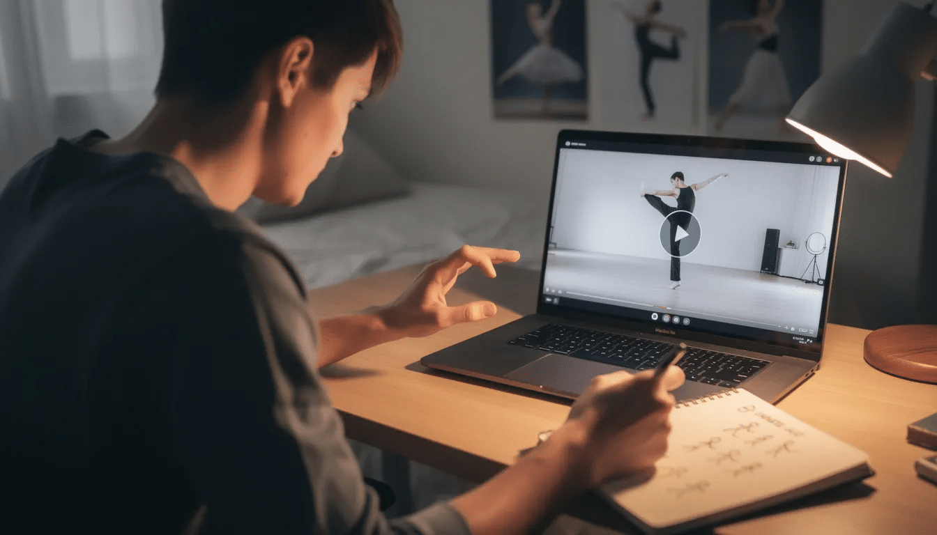 A person is intently studying dance movements displayed on a paused video screen, focusing on the intricate poses and human anatomy to enhance their understanding of the art of dance. The scene captures the dedication to exploring diverse models and facial expressions, serving as a helpful reference for aspiring artists.