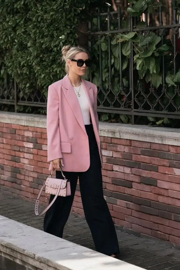 Stylish woman in pink blazer and sunglasses walking with a matching handbag, set against a leafy brick wall. Elegant street fashion.