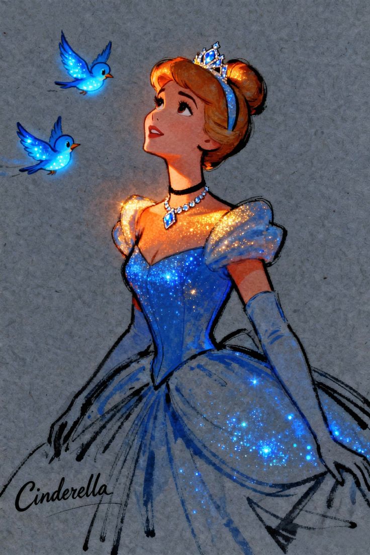 _ 49 Elegant princess in a sparkling blue gown gazes up, surrounded by glowing bluebirds. Enchanting fairytale illustration. | Sky Rye Design Elegant princess in a sparkling blue gown gazes up, surrounded by glowing bluebirds. Enchanting fairytale illustration.