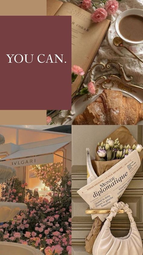 49e8e238-184b-43b8-8655-1262cc1cd070 Elegant collage featuring a motivational message, coffee, croissants, flowers, newspaper, and a chic storefront surrounded by blooming roses. | Sky Rye Design Elegant collage featuring a motivational message, coffee, croissants, flowers, newspaper, and a chic storefront surrounded by blooming roses.