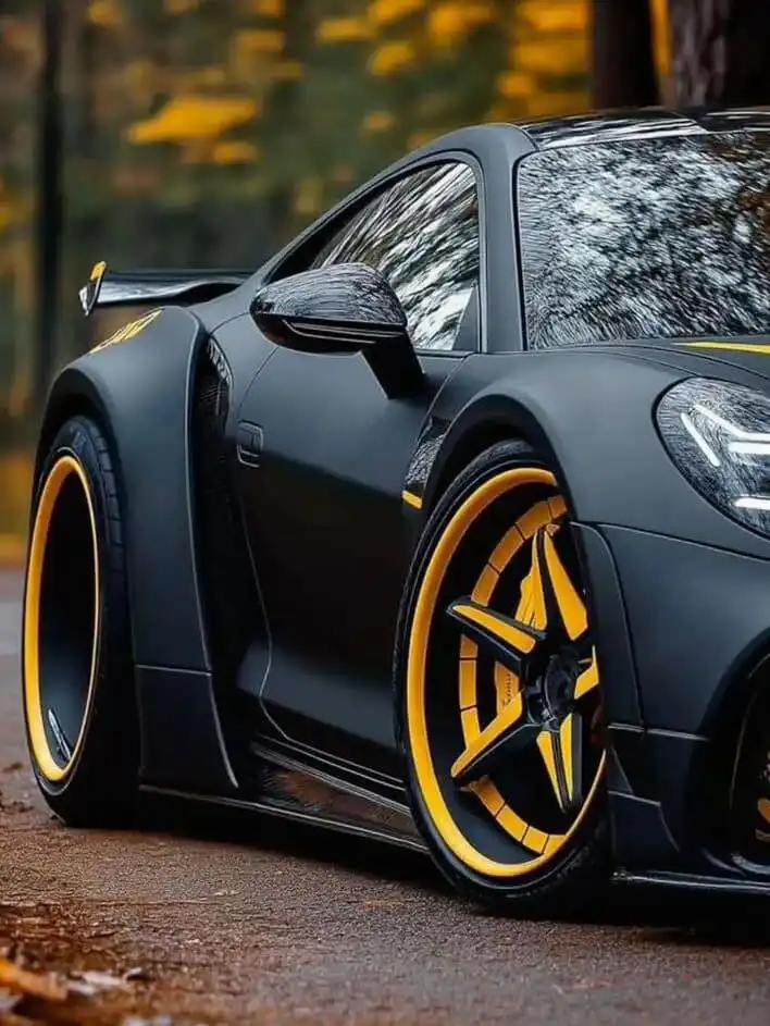 Sleek black sports car with vibrant yellow rims on a forest road with autumn leaves in the background.