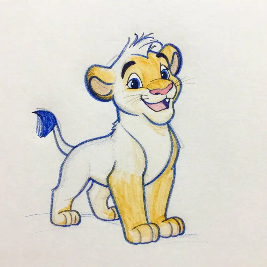 Cartoon lion cub standing and smiling, drawn in colorful pencil.