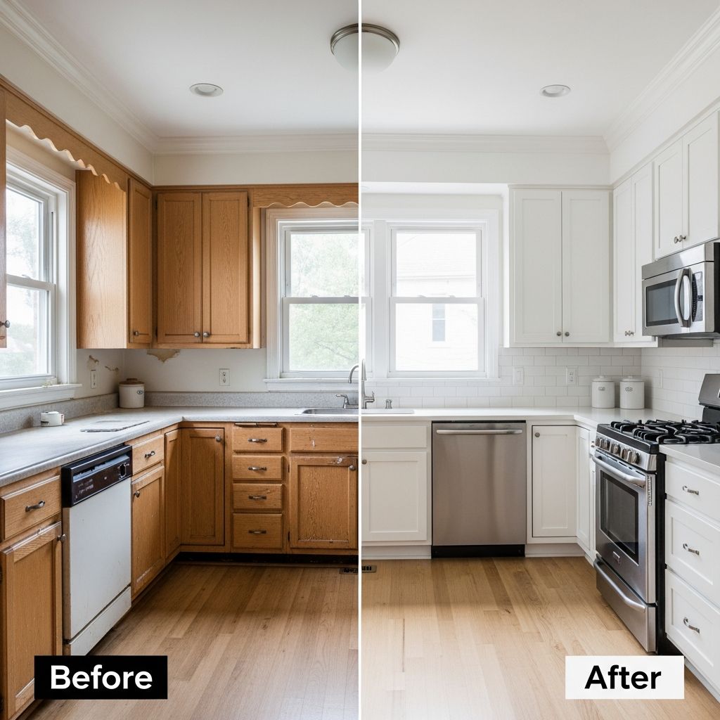 4d7db150840046f8a7398afbde3e7718 Kitchen transformation: Before with wooden cabinets, After with modern white cabinets and stainless steel appliances. | Sky Rye Design Kitchen transformation: Before with wooden cabinets, After with modern white cabinets and stainless steel appliances.