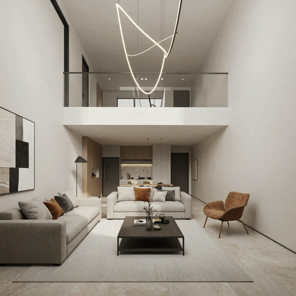 Modern living room featuring minimalist decor, cozy sofas, elegant chandelier, and a stylish open kitchen layout.