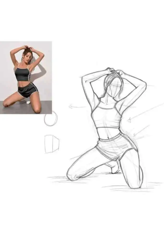 Sketch of a woman kneeling with arms raised, based on a photo reference showing similar pose in athletic wear.
