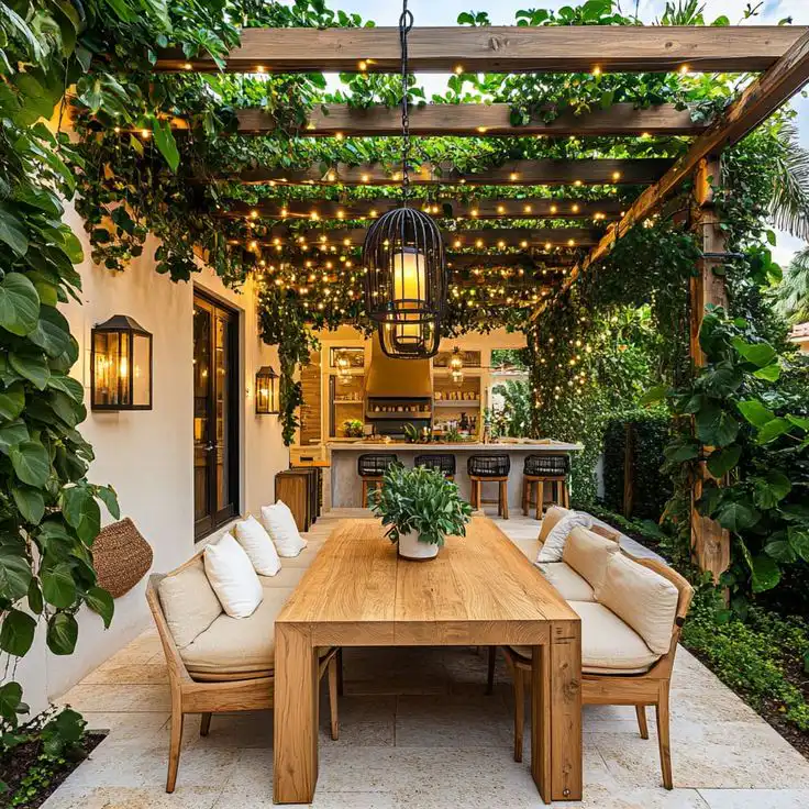 Outdoor dining area with a wooden table and chairs under a vine-covered pergola, featuring string lights and lantern for