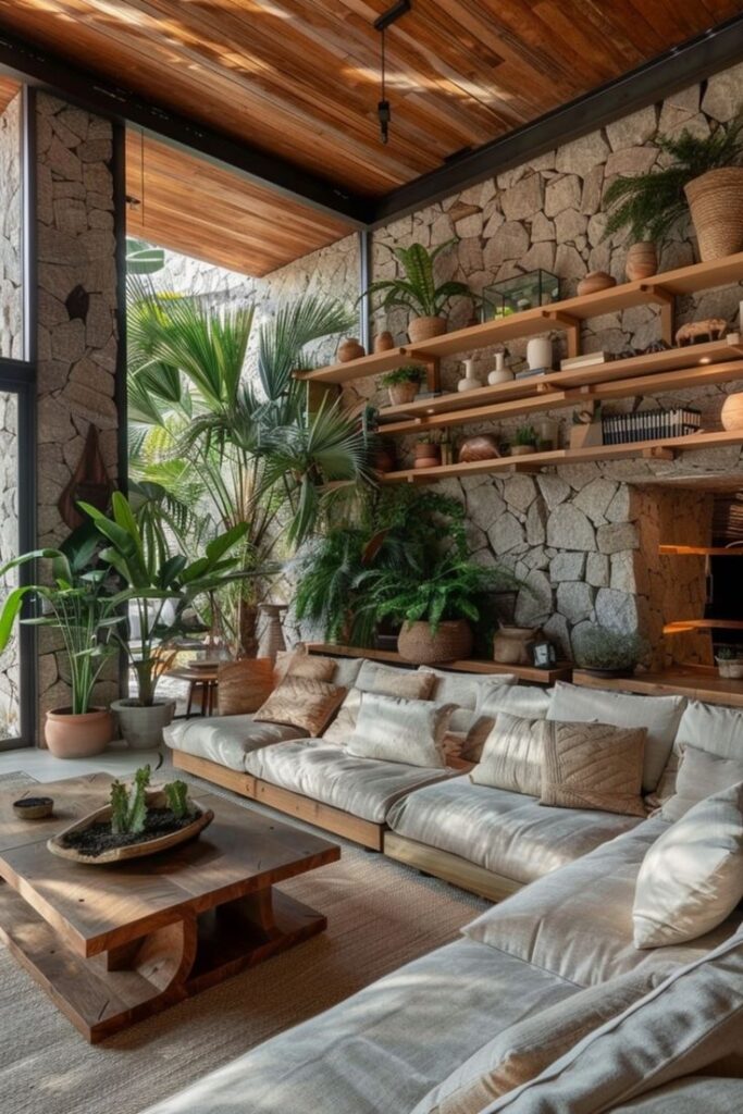 Cozy living room with stone walls, lush green plants, wooden shelves, and a comfortable sofa, creating a natural and serene