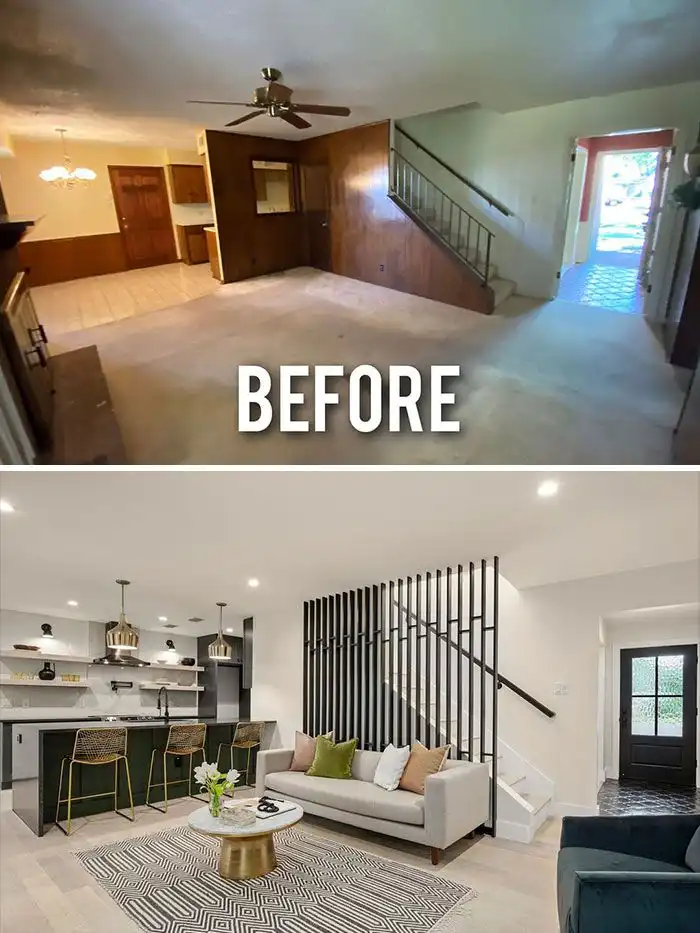 50 Of The Best Space Makeovers Before After Pics Living room transformation: Before and after modern remodel with open layout, new decor, and improved lighting. | Sky Rye Design Living room transformation: Before and after modern remodel with open layout, new decor, and improved lighting.