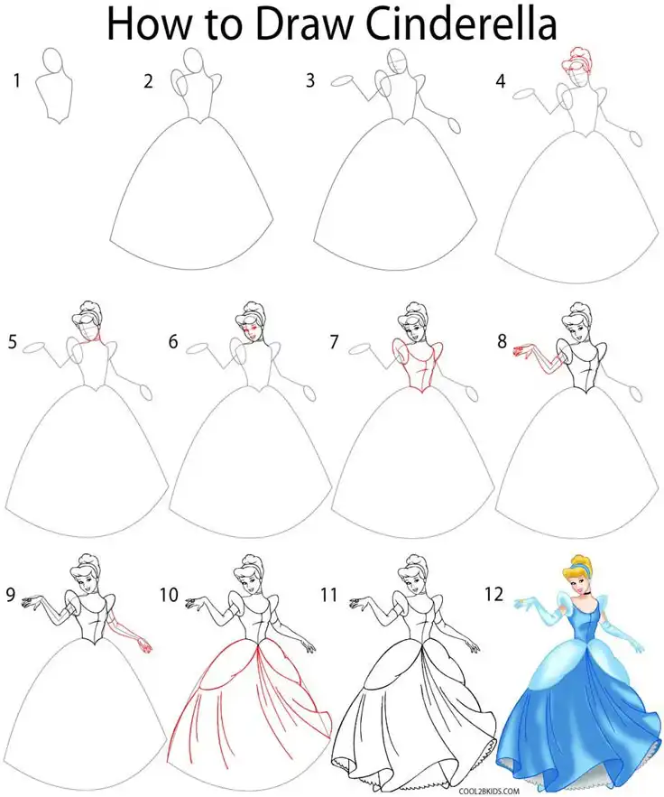 _ 50 Step-by-step guide to drawing Cinderella, starting with basic shapes and progressing to a full-color illustration of the character. | Sky Rye Design Step-by-step guide to drawing Cinderella, starting with basic shapes and progressing to a full-color illustration of the character.