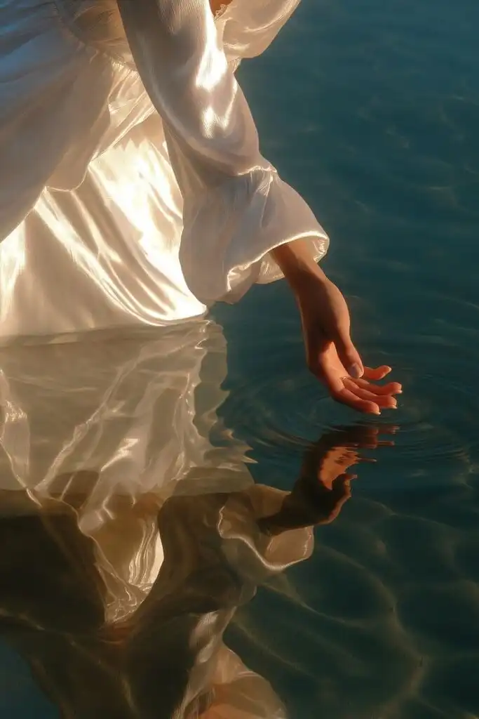White fabric drapes gracefully as a hand touches calm water, creating ripples under soft sunlight reflections. Tranquil and elegant moment.