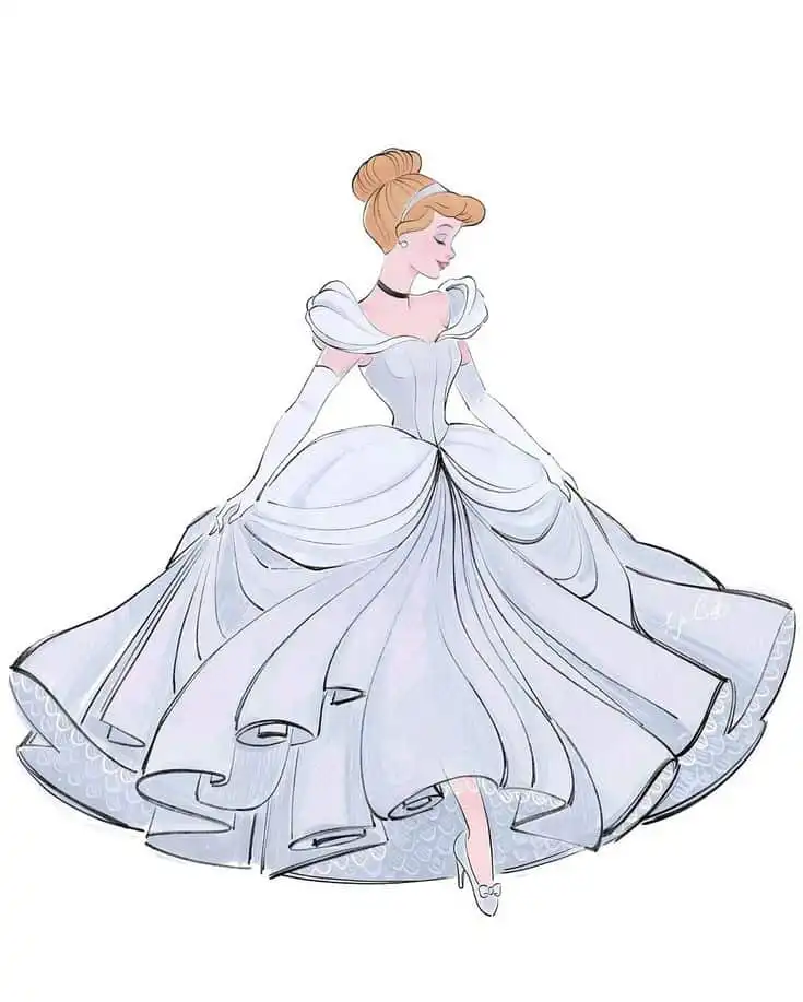 _ 51 Illustrated princess in a flowing gown and gloves, looking back gracefully. Elegant fairytale character in a blue dress with a bun hairstyle. | Sky Rye Design Illustrated princess in a flowing gown and gloves, looking back gracefully. Elegant fairytale character in a blue dress with a bun hairstyle.