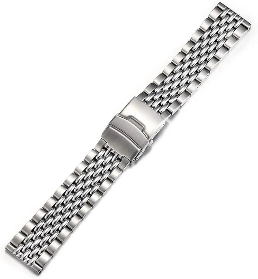 Stainless steel watch band with a secure clasp, featuring a woven design for elegance and durability. Ideal for any stylish wristwatch.