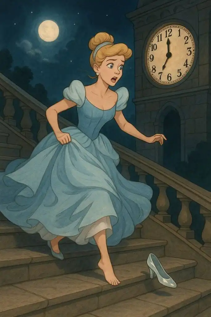 _ 53 A woman in a blue gown hurriedly descends stairs at midnight, leaving behind a glass slipper. | Sky Rye Design A woman in a blue gown hurriedly descends stairs at midnight, leaving behind a glass slipper.