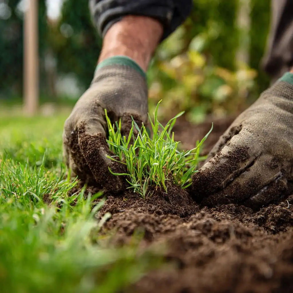 Gardener planting grass with gloves, nurturing soil in a green garden. Eco-friendly gardening and landscaping concept.