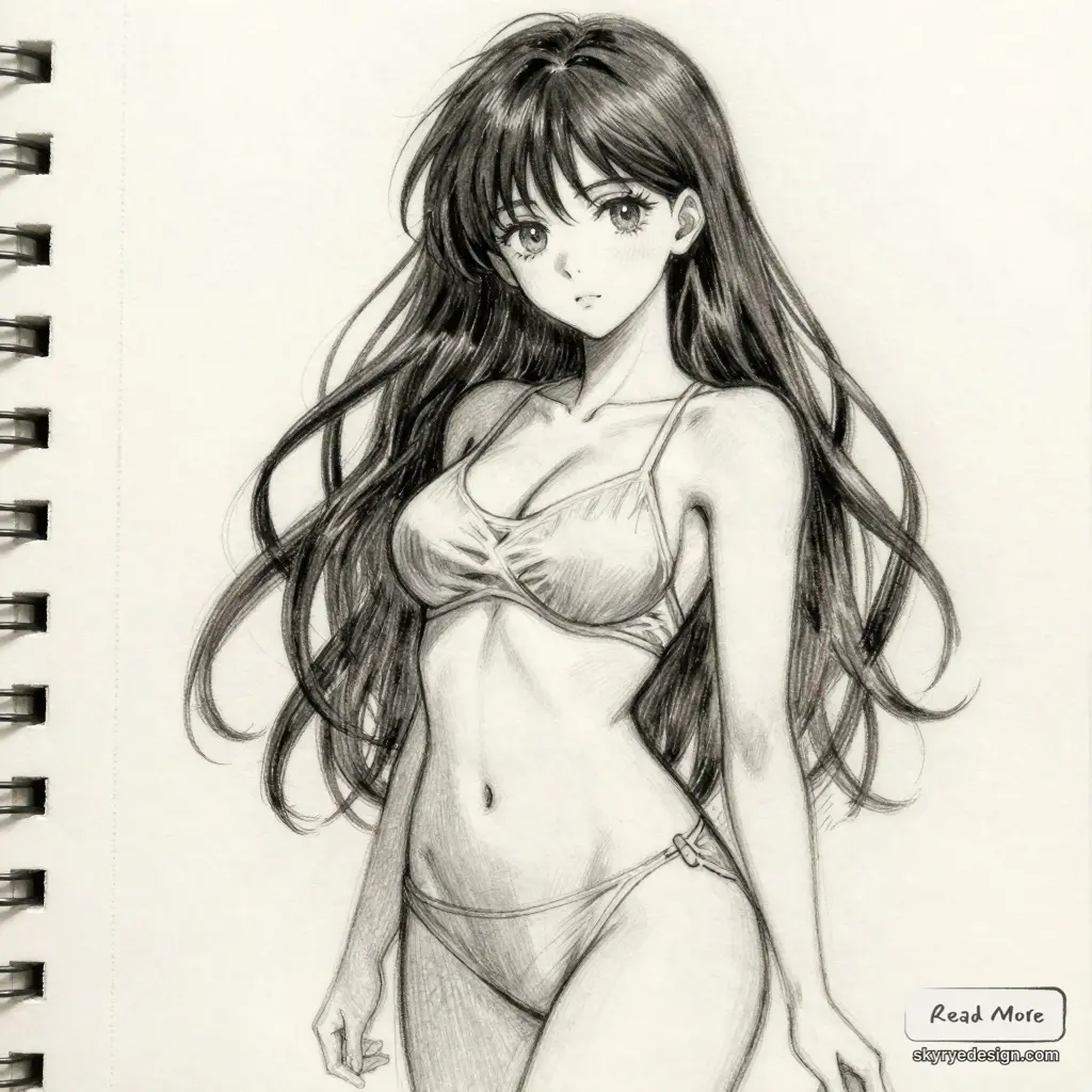 Monochrome pencil anime sketch of long-haired girl in a bikini, manga-style figure drawing on sketchbook — detailed character art.