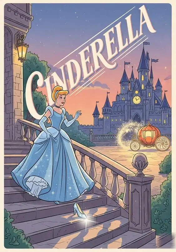 _ 54 Illustrated Cinderella descends castle stairs at sunset, losing a glass slipper. Pumpkin carriage awaits. Fairy tale evening scene. | Sky Rye Design Illustrated Cinderella descends castle stairs at sunset, losing a glass slipper. Pumpkin carriage awaits. Fairy tale evening scene.