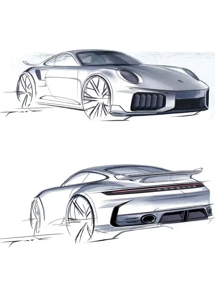 Sleek, futuristic car design sketch showing front and rear views, highlighting aerodynamic lines and innovative styling.