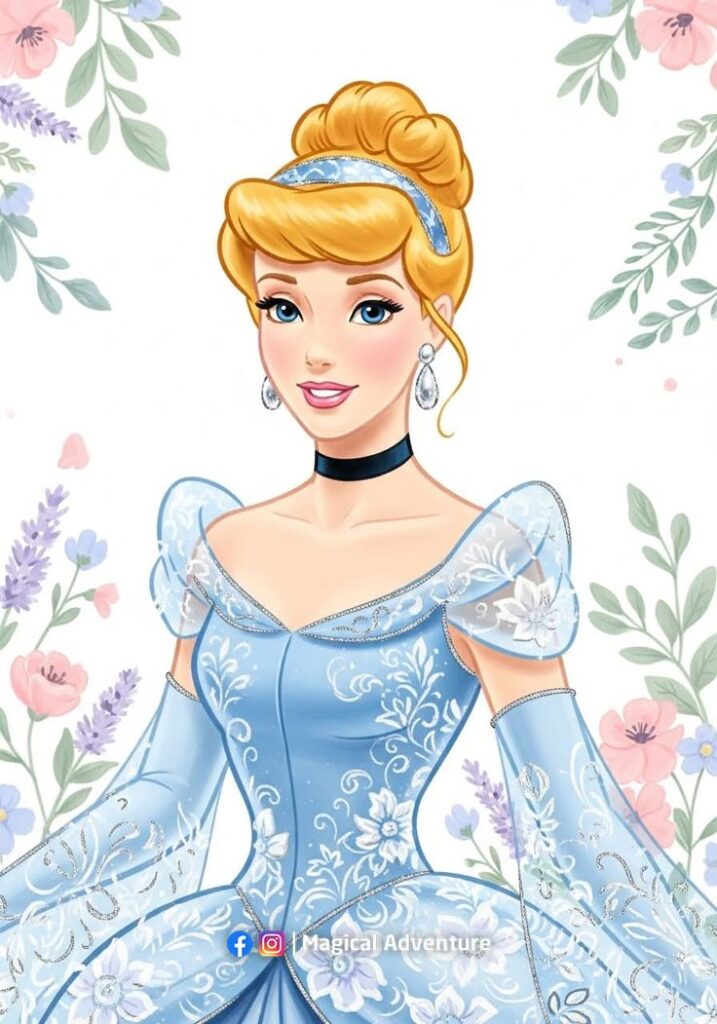 _ 57 Illustrated princess in a blue gown with floral details, set against a floral background. Elegant and enchanting fairy tale character. | Sky Rye Design Illustrated princess in a blue gown with floral details, set against a floral background. Elegant and enchanting fairy tale character.
