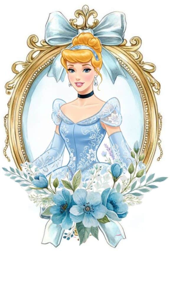 _ 58 Illustration of a princess in a blue dress with floral patterns, framed with a golden oval, adorned with blue flowers and a ribbon. | Sky Rye Design Illustration of a princess in a blue dress with floral patterns, framed with a golden oval, adorned with blue flowers and a ribbon.